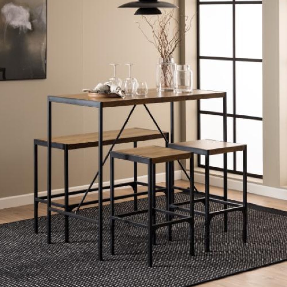 Bagdad Wooden Bar Table With 1 Bench 2 Stools In Rustic Oak