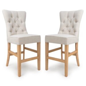 Elyria Linen Fabric Bar Chairs With Oak Legs In Pair