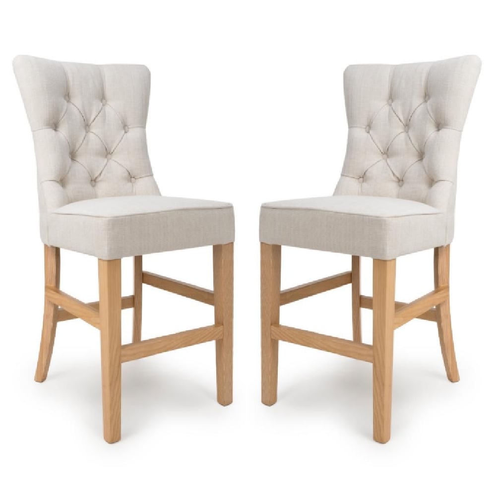 Elyria Linen Fabric Bar Chairs With Oak Legs In Pair