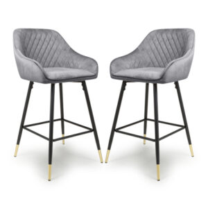 Sedona Grey Velvet Bar Stools With Metal Legs In Pair