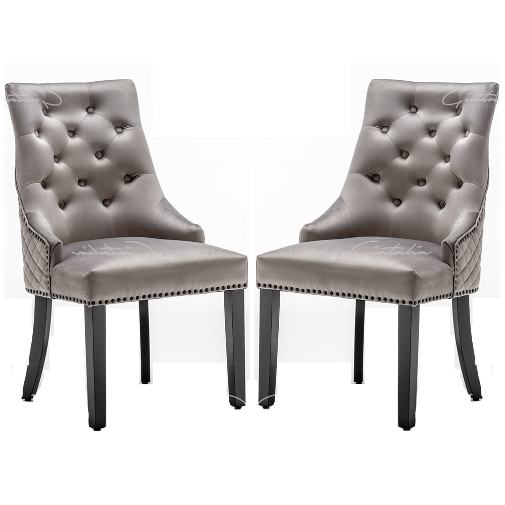 Camarillo Light Grey Velvet Dining Chairs With Black Legs In Pair