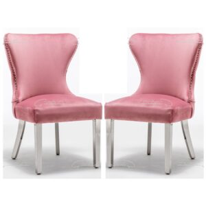 Fletcher Blush Pink Velvet Dining Chairs With Chrome Legs In Pair