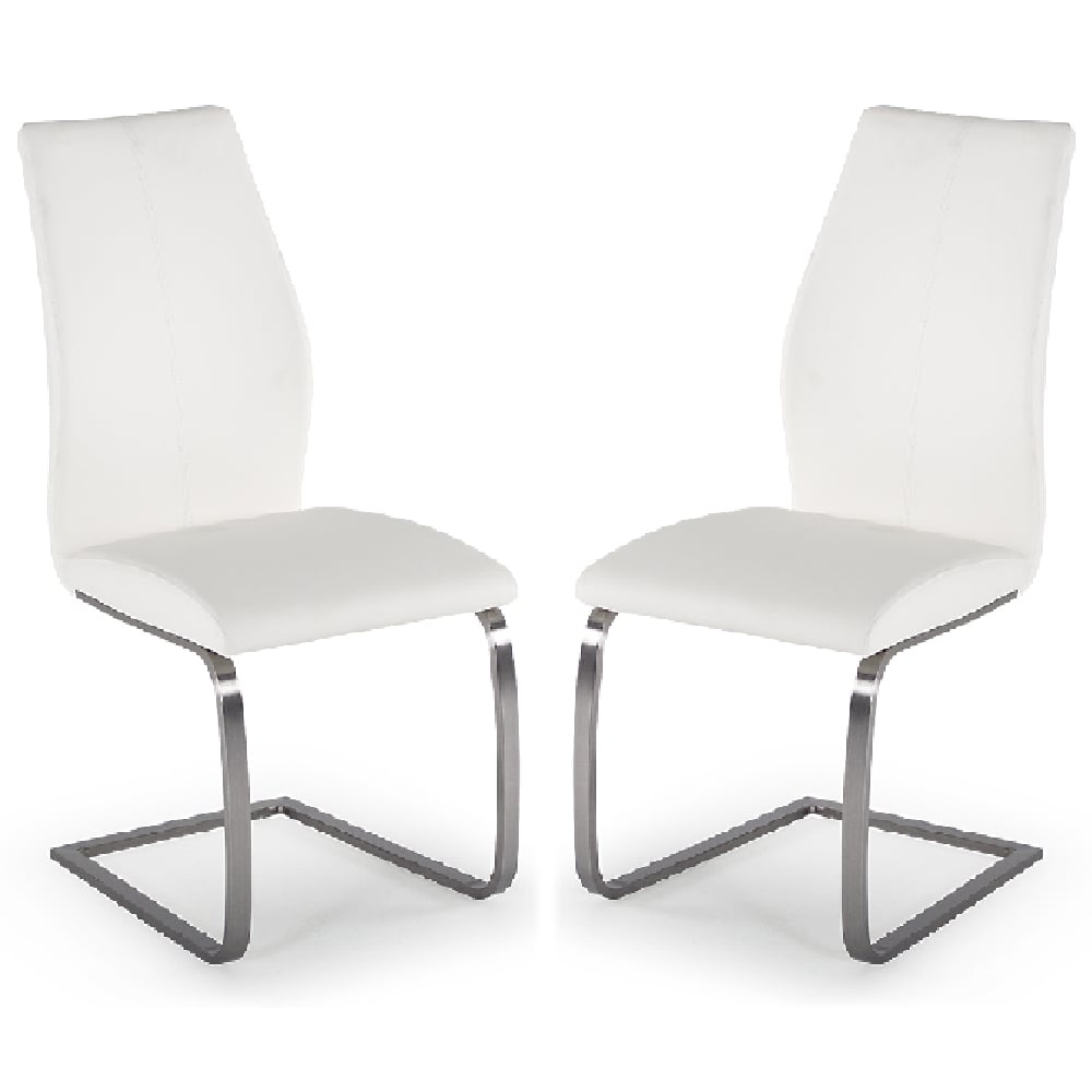 Ithaca White Faux Leather Dining Chairs With Chrome Base In Pair