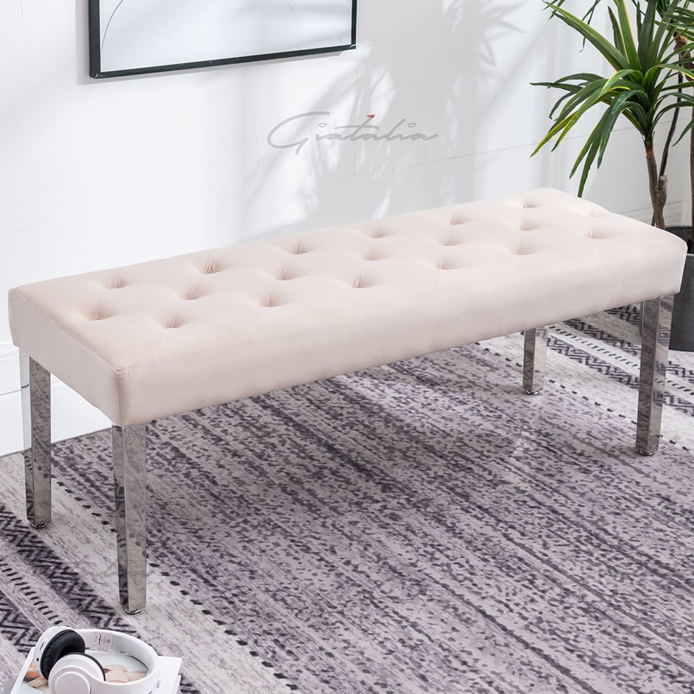 Kinston Velvet Dining Bench With Steel Legs In Cream