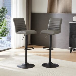 Ripple Grey Faux Leather Bar Stools With Black Base In Pair