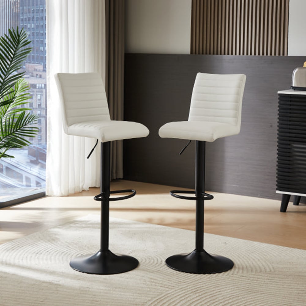 Ripple White Faux Leather Bar Stools With Black Base In Pair