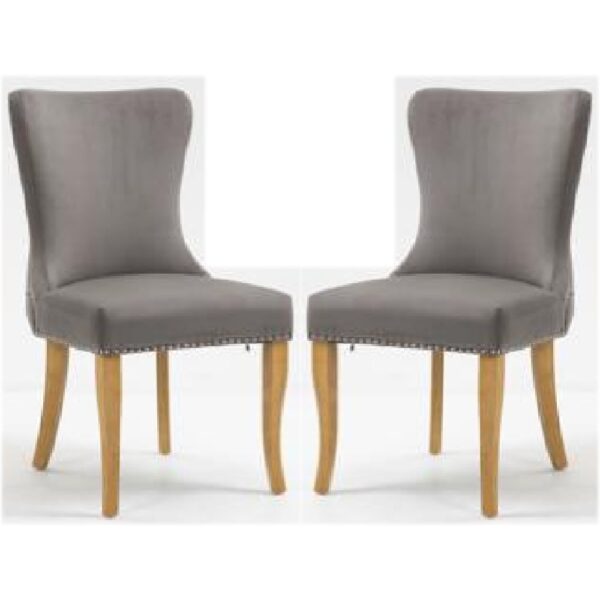 Arvada Steel Grey Velvet Dining Chairs With Oak Legs In Pair