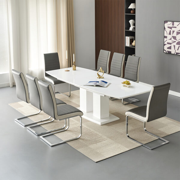 Genisimo Large Gloss Extending Dining Table 8 Symphony Grey Chairs