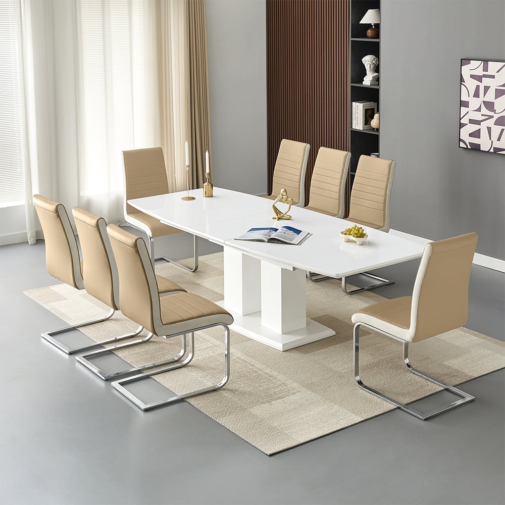Genisimo Large Gloss Extending Dining Table 8 Symphony Taupe Chairs