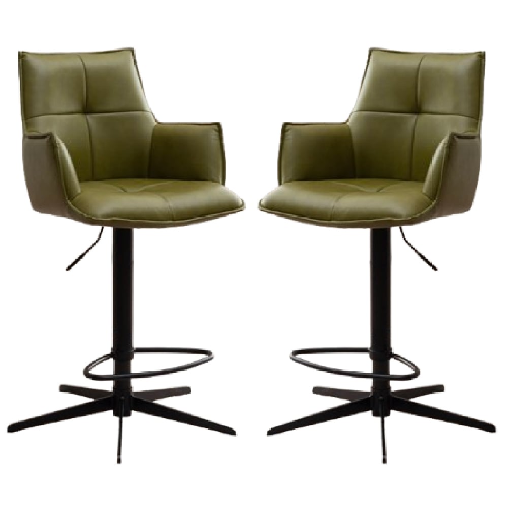 Joplin Green PU Leather Bar Chairs With Metal Base In Pair