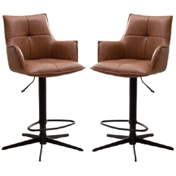 Joplin Tan PU Leather Bar Chairs With Metal Base In Pair