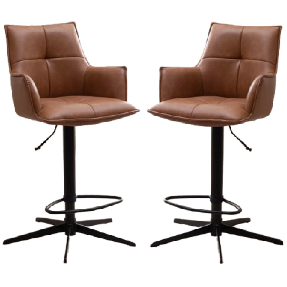Joplin Tan PU Leather Bar Chairs With Metal Base In Pair