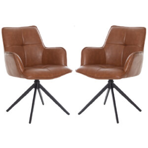 Joplin Tan PU Leather Dining Chairs With Metal Base In Pair