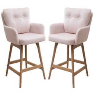 Petaluma Blush Pink Fabric Bar Chairs With Oak Legs In Pair