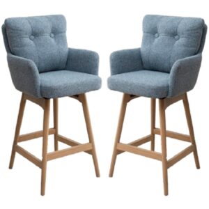 Petaluma Storm Teal Fabric Bar Chairs With Oak Legs In Pair