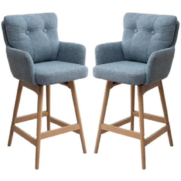 Petaluma Storm Teal Fabric Bar Chairs With Oak Legs In Pair