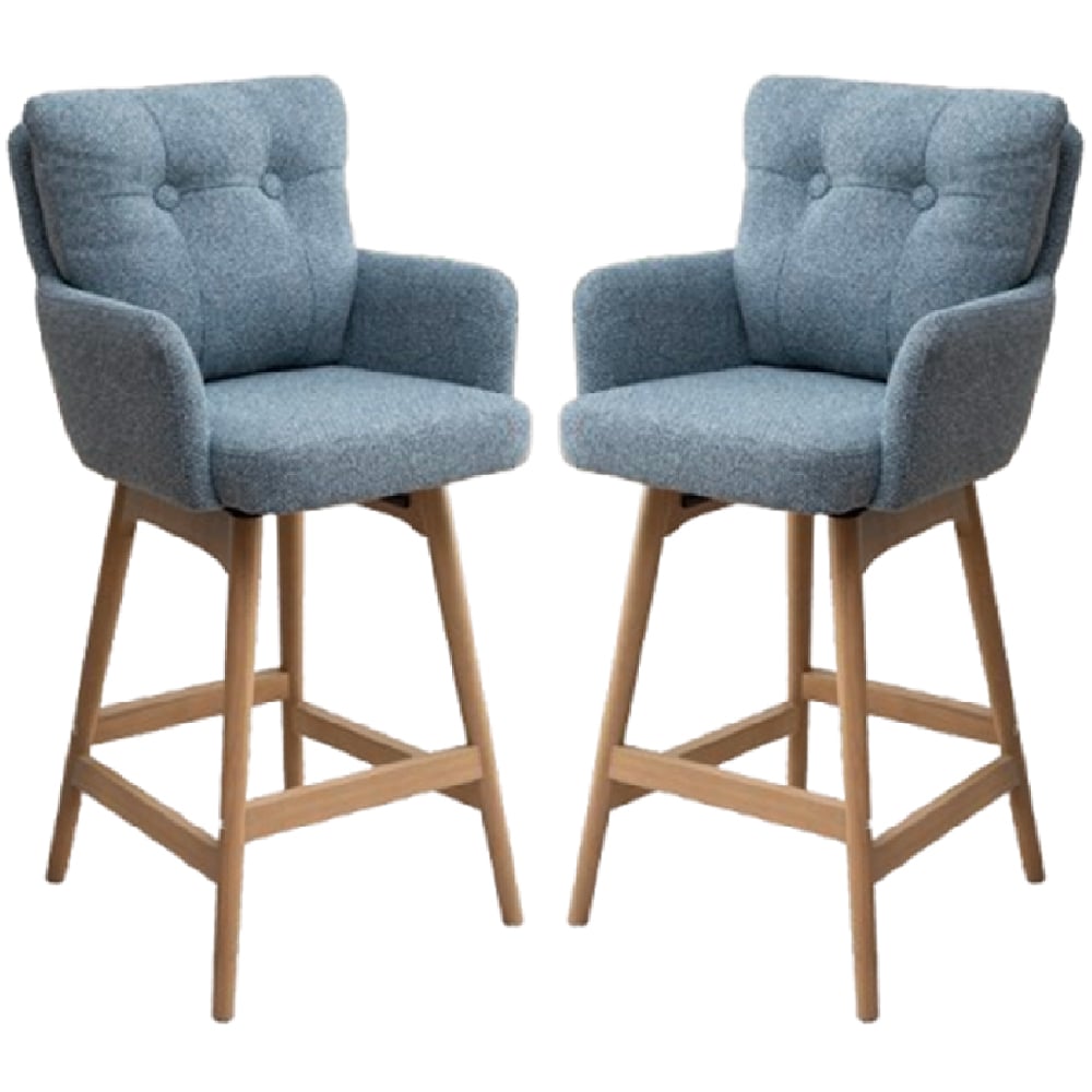Petaluma Storm Teal Fabric Bar Chairs With Oak Legs In Pair