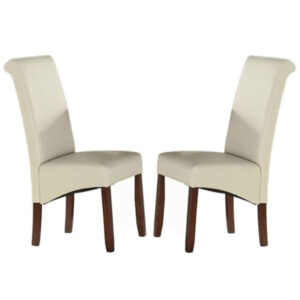 Seguin Cream Leather Dining Chairs With Wooden Legs In Pair