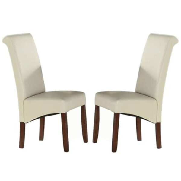 Seguin Cream Leather Dining Chairs With Wooden Legs In Pair