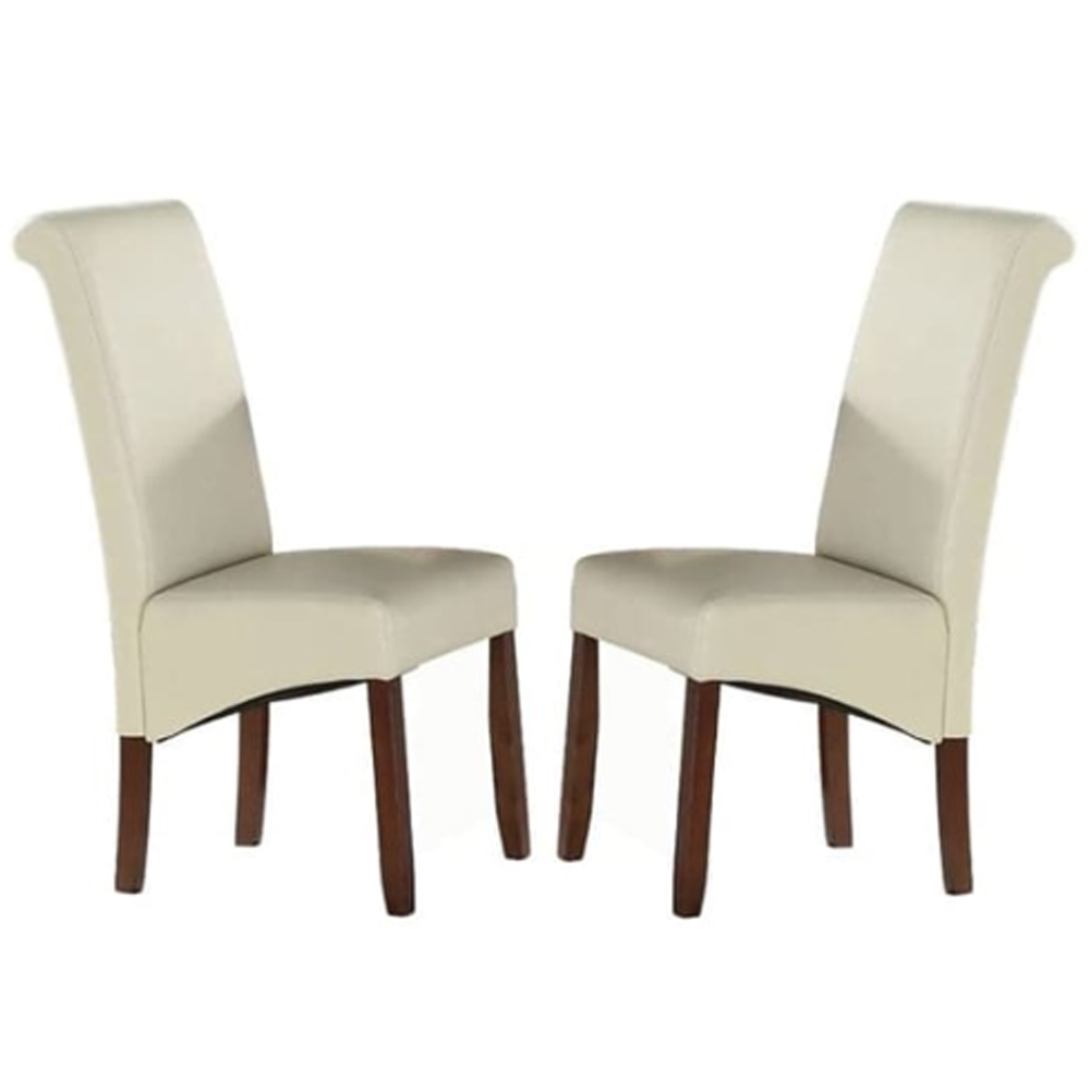 Seguin Cream Leather Dining Chairs With Wooden Legs In Pair