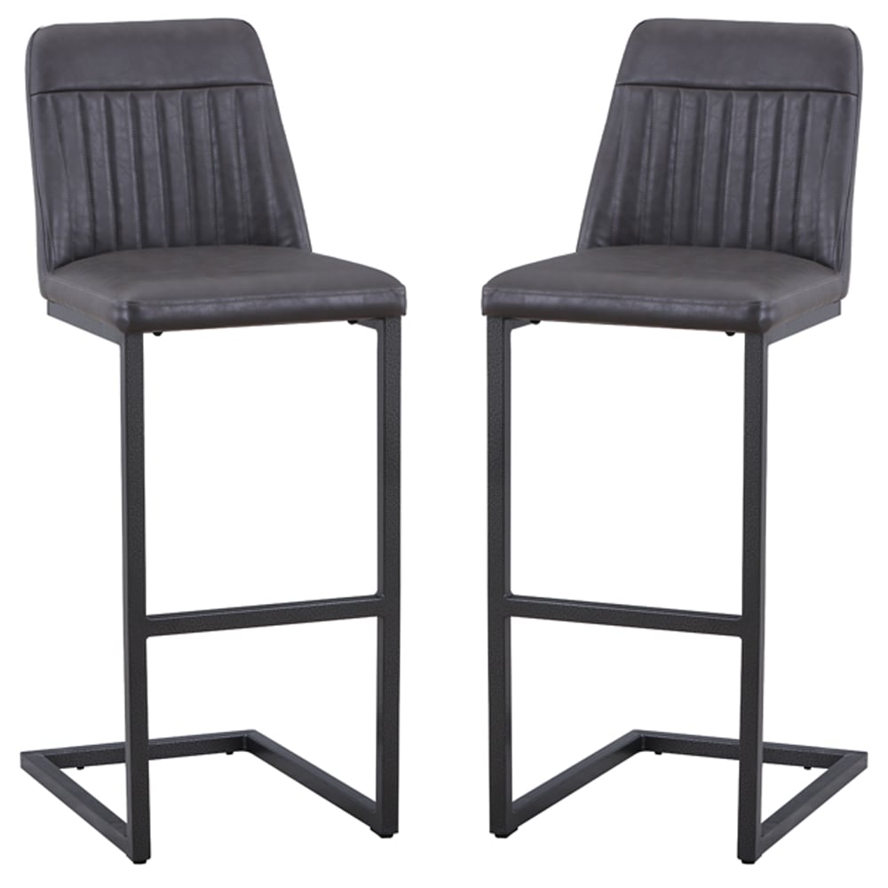 Vandalia Vintage Grey Leather Bar Stools In Pair